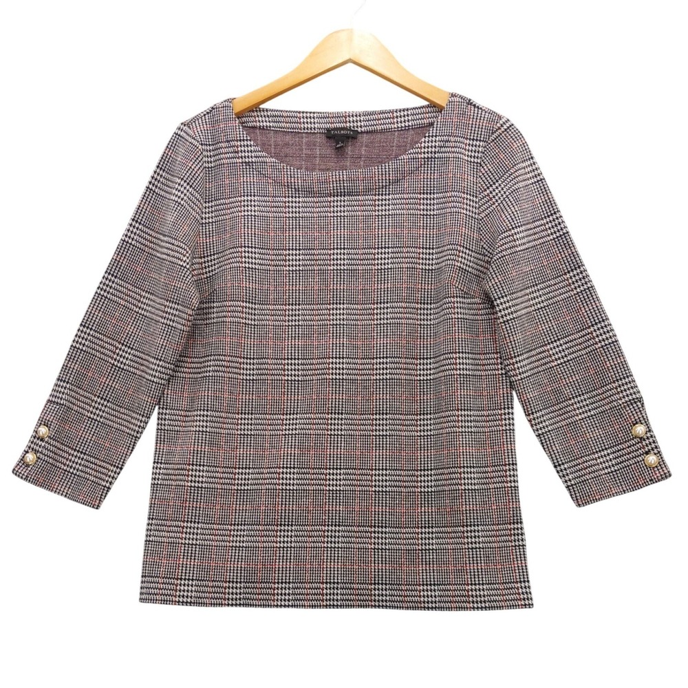 Talbots Knit Top Womens L Black White Red Glen Plaid Pearl Cuff 3/4 Sleeve‎